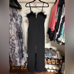 Elegant Black Feather-Trimmed Jumpsuit